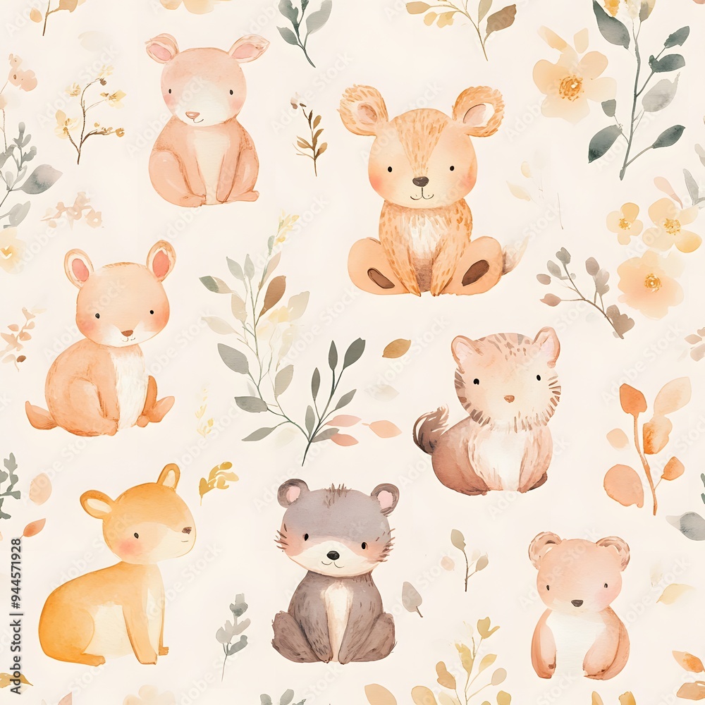 Obraz premium 116. **Design a seamless pattern featuring charming, hand-painted animals in a soft, pastel gradient.**