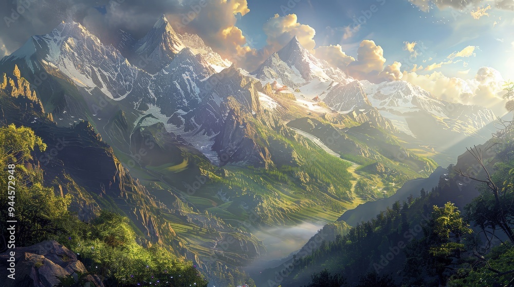 Majestic Mountain Peaks with Lush Foliage and Serene Clouds. Majestic Mountain Peaks with Lush Foliage and Serene Clouds.