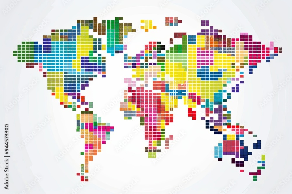 Fototapeta premium A vibrant world map created with colorful pixel art, highlighting various geographic regions and cultural diversity creatively. Generative AI