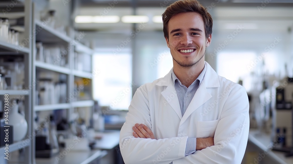 Handsome Young Man Scientist in White Coat Smiling with Arms Crossed, Standing in Lab Handsome Young Man Scientist in White Coat Smiling with Arms Crossed, Standing in Lab