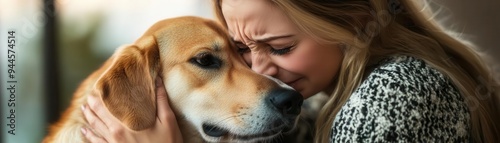 Woman tearfully embracing her dog after a long separation, both showing relief and joy, symbolizing reunion, deep bond, and unconditional love photo