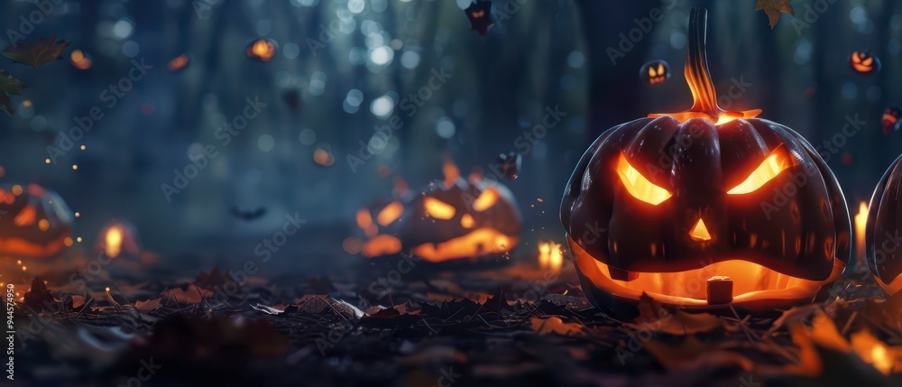 Glowing jack-o'-lanterns illuminate a dark forest during Halloween night Glowing jack-o'-lanterns illuminate a dark forest during Halloween night