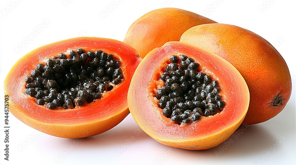 Ripe Halved Papaya Fruit with Seeds and Whole Papaya Ripe Halved Papaya Fruit with Seeds and Whole Papaya