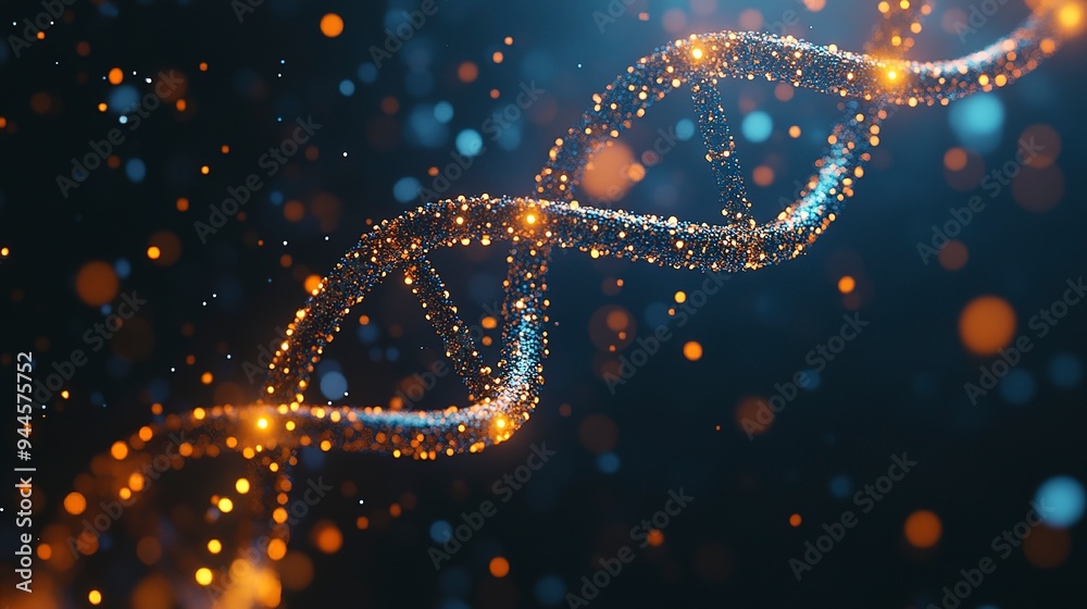 Abstract DNA strand with glowing nodes against a dark bokeh background, symbolizing biotechnology and genetic research. Abstract DNA strand with glowing nodes against a dark bokeh background, symbolizing biotechnology and genetic research.