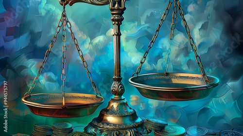 An ornate scale balance holds coins on both sides against a surreal, dreamy background, representing the concept of balance and value in life and finances. photo