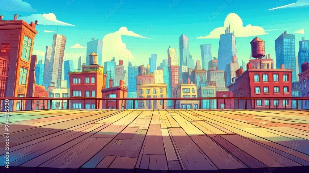 A bright, colorful animated depiction of a cityscape observed from a wooden terrace, providing an inviting view of modern urban life with vibrant buildings and clean skies.