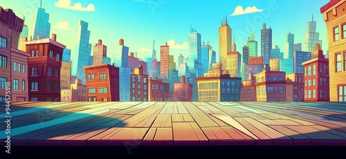 A vivid animated depiction of an urban skyline observed from a wooden terrace, displaying a variety of colored buildings under clear skies, showcasing a vibrant city life.
