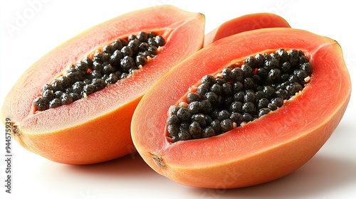 Two Halves of a Ripe Papaya with Black Seeds photo