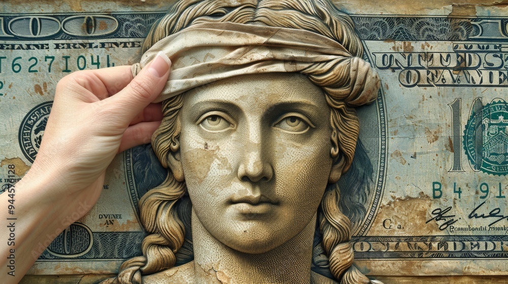 Hand lifts blindfold of Justice on a dollar bill background Hand lifts blindfold of Justice on a dollar bill background