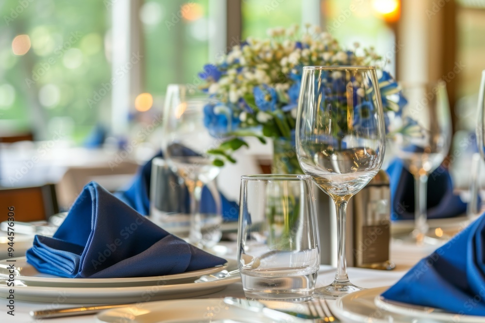 Elegant fine dining table setup with blue napkins and wine glasses, perfect for an upscale dining experience Elegant fine dining table setup with blue napkins and wine glasses, perfect for an upscale dining experience