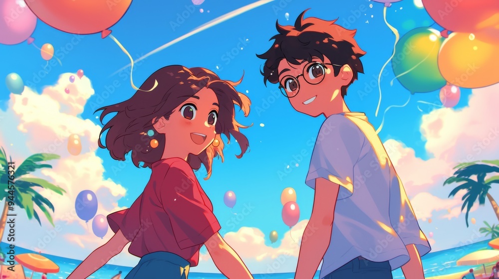 Two anime characters are depicted with colorful balloons against a bright blue sky, embodying themes of joy, companionship, and celebration in an artistic and vibrant style. Two anime characters are depicted with colorful balloons against a bright blue sky, embodying themes of joy, companionship, and celebration in an artistic and vibrant style.