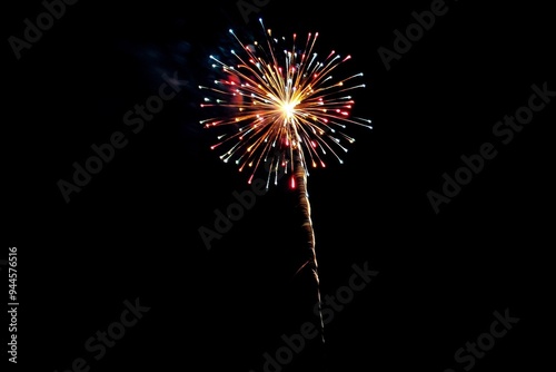 A vibrant and colorful firework lights up the dark night sky, creating a mesmerizing display of colors and sparkling lights, perfect for celebrations.