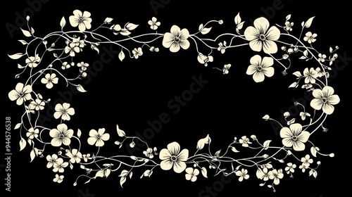 Elegant floral frame design with intricate vines and delicate flowers on a black background.