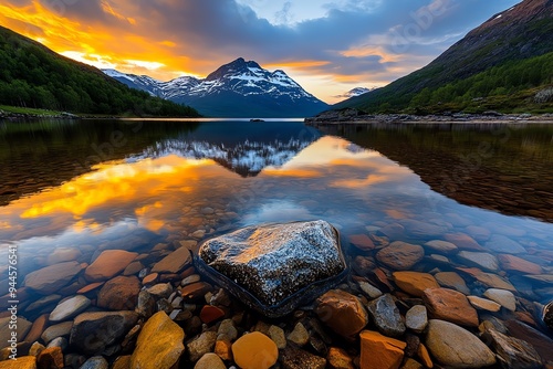 Peaceful landscapes captured in a tranquil photo, featuring calm lakes and gentle mountains at dawn