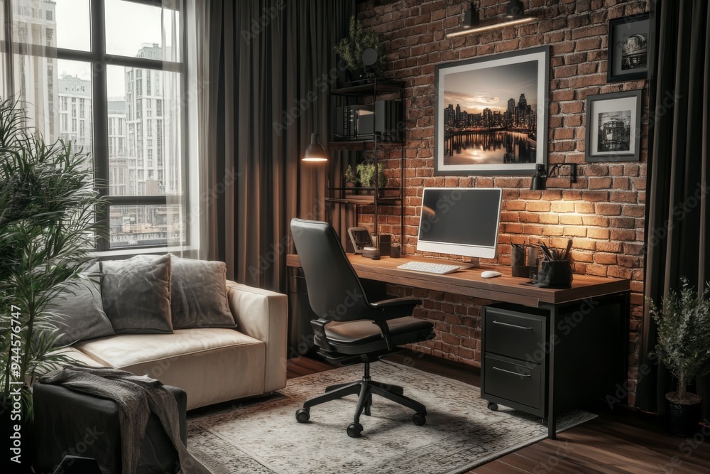 Fototapeta premium A contemporary home office featuring a brick wall, a large window with a city view, a comfortable chair, a wooden desk, and various decor elements, providing a cozy workspace.