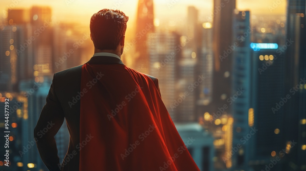 A businessman wearing a red superhero cape stands facing a cityscape at sunset, embodying the concepts of empowerment, heroism, and determination against a glowing horizon. A businessman wearing a red superhero cape stands facing a cityscape at sunset, embodying the concepts of empowerment, heroism, and determination against a glowing horizon.