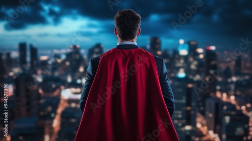 A man dressed in a suit with a red superhero cape stands with his back to the camera, overlooking a lit city, symbolizing power, courage, and ambition at night.