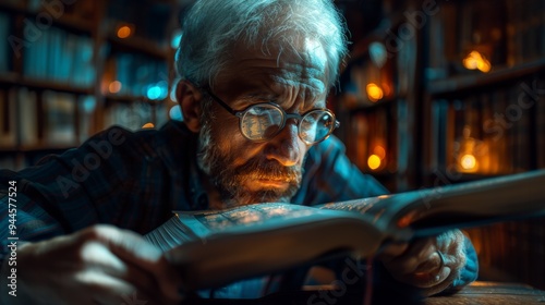 Elderly man focused on reading in a cozy library setting