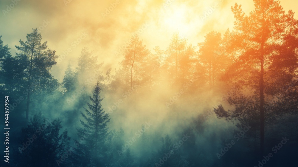 Naklejka premium A serene forest landscape, bathed in the soft morning light, with mist and fog creating a mystical atmosphere among tall pine trees under a glowing sun.