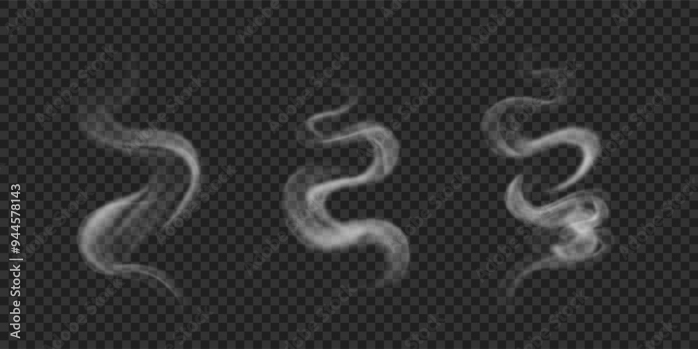 Set of wavy, fluid smoke from hookah, cigarettes, hot food, bbq and drinks. Realistic vector icons. White steam isolated on transparent background Set of wavy, fluid smoke from hookah, cigarettes, hot food, bbq and drinks. Realistic vector icons. White steam isolated on transparent background