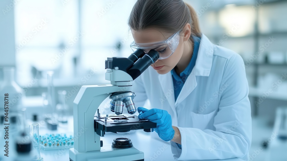 Scientist adjusting the focus on a sophisticated microscope while observing live cell cultures, laboratory, experiment, scientist, advancements in cellular biology