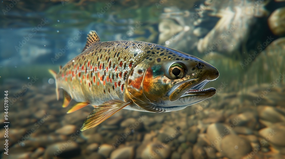 Close-Up of a Trout Swimming in a River Close-Up of a Trout Swimming in a River
