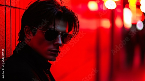 Red City Nights: A mysterious and brooding man in sunglasses stands against a vibrant red backdrop, casting an enigmatic aura of cool confidence and urban allure.  
