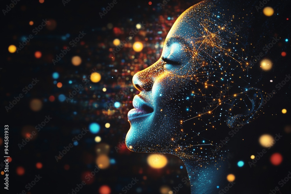 Serene side profile of a woman illuminated by glowing digital particles symbolizing the convergence of technology nature and the evolving essence of human identity Serene side profile of a woman illuminated by glowing digital particles symbolizing the convergence of technology nature and the evolving essence of human identity