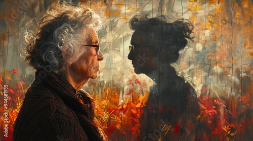 Elderly woman contemplating life with abstract reflection in background