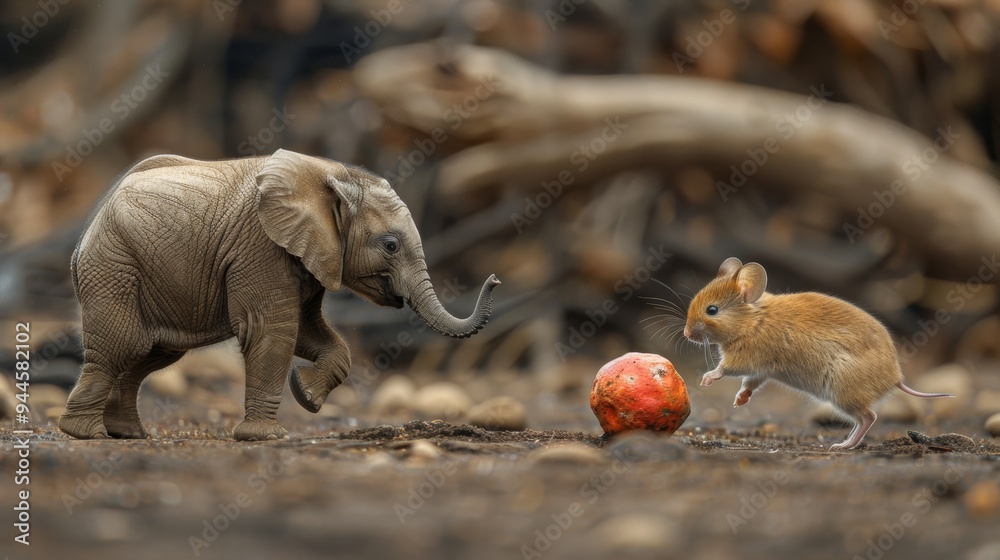 Cute elephant frightened by a tiny mouse in the wild environment Cute elephant frightened by a tiny mouse in the wild environment