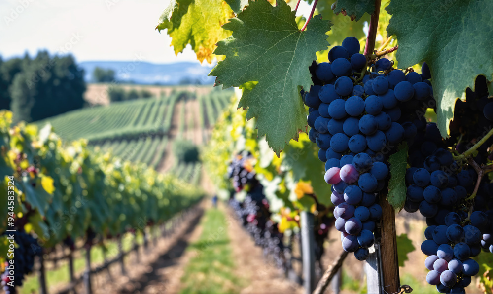 Obraz premium Ripe grapes hang on a vine in a vineyard on a sunny day