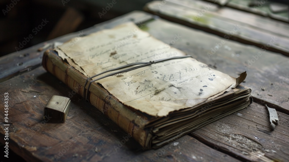 Ancient worn leather bound book on wooden table. Ancient worn leather bound book on wooden table.