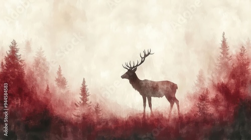 Elegant 3D deer silhouette in minimalist abstract watercolor background, muted earthy tones, soft shadows, delicate brush strokes photo