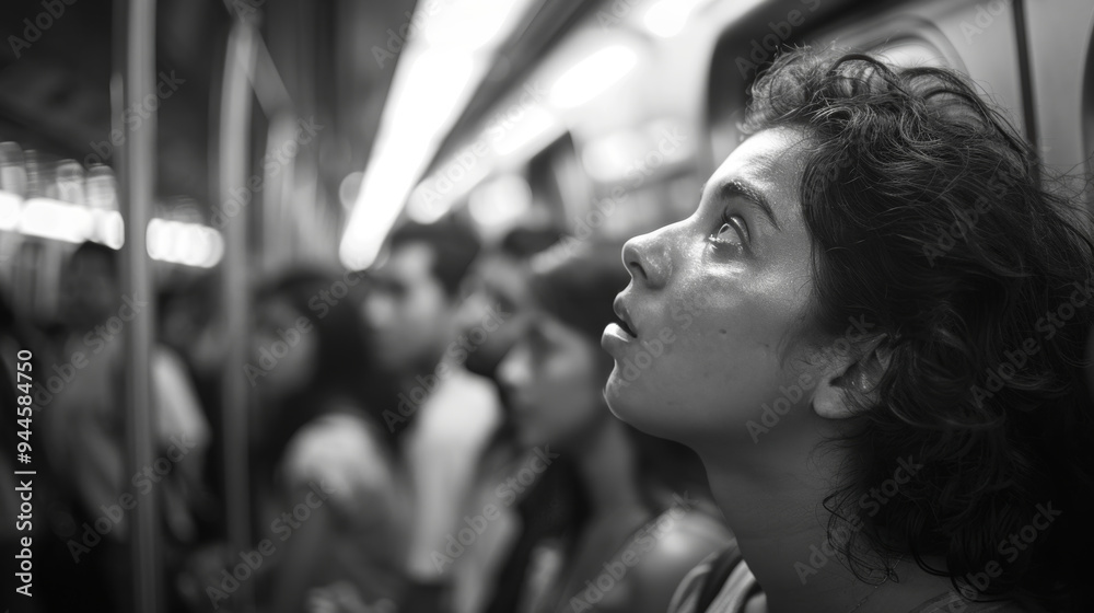 Obraz premium Young woman in crowded subway gazing thoughtfully during rush hour