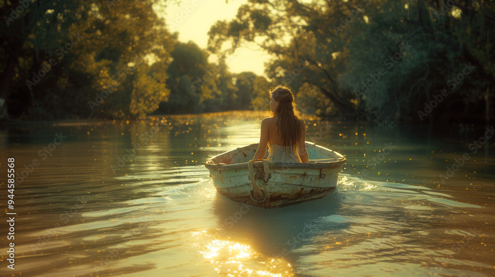 Woman in a boat floats gracefully down a tranquil river