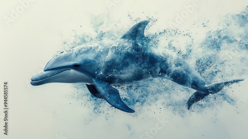 Stylized 3D dolphin in a minimal abstract watercolor ocean, soft blues and whites, gentle brushstrokes photo