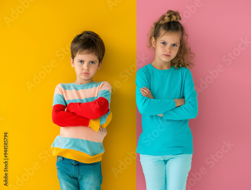 Grumpy siblings in an argument, a brother and a sister, bright colours, pastel themed color, sibling conflict and rivalry, older and younger siblings, family dynamics photo