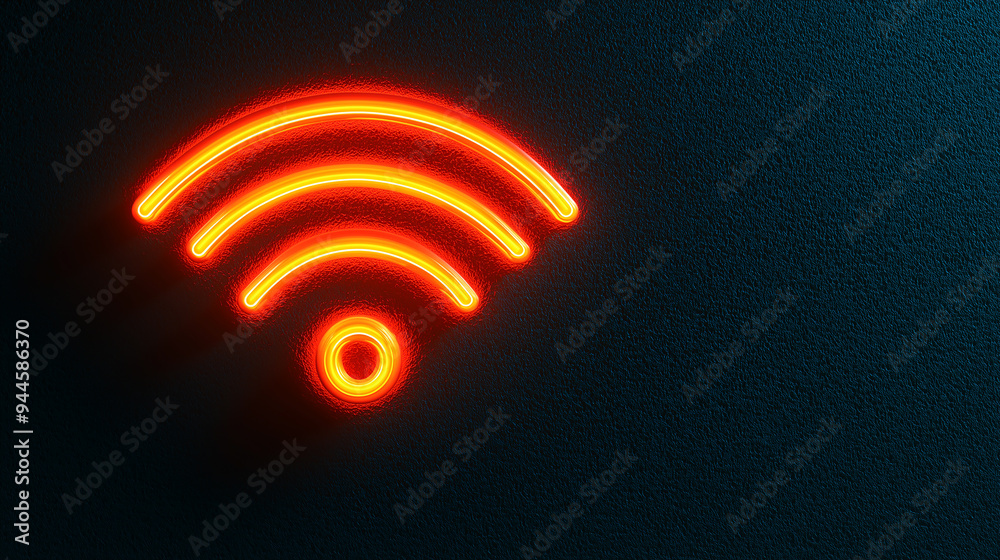 Neon wifi symbol glowing on a black wall Neon wifi symbol glowing on a black wall