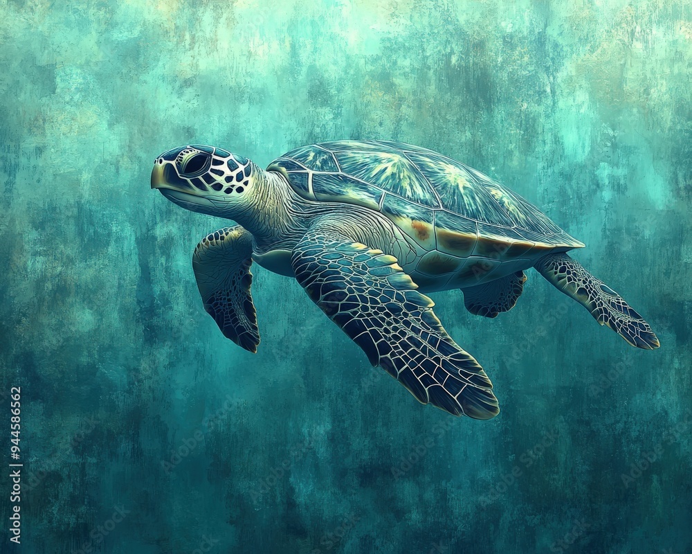 Fototapeta premium Minimalist 3D turtle silhouette, abstract watercolor ocean background, soft blues and greens