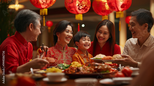 Happy asian family enjoying food celebrating chinese new year at home photo