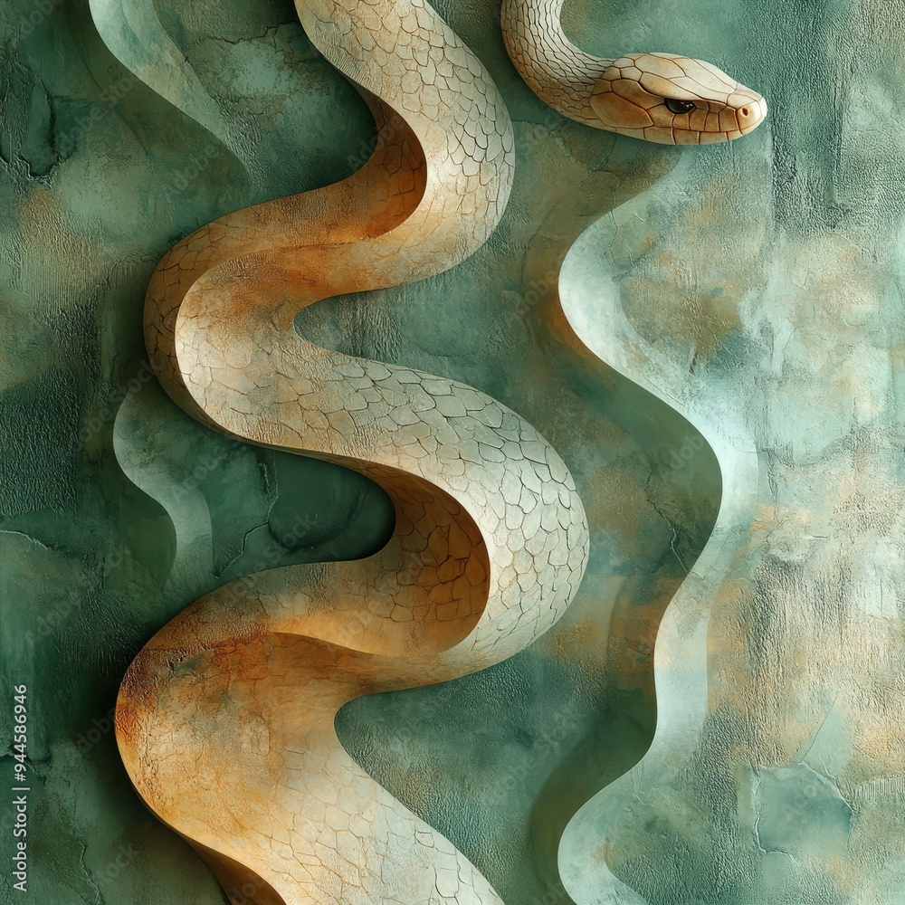 Fototapeta premium Abstract 3D snake slithering through watercolor background, muted greens and browns, minimalistic design