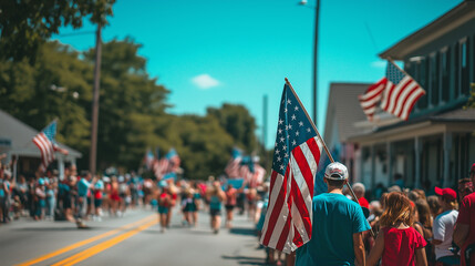 People walking in 4th of july parade holding american flag