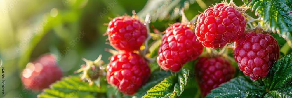 Closeup view of raspberry fruit on plant with leaf in plantation farm Closeup view of raspberry fruit on plant with leaf in plantation farm