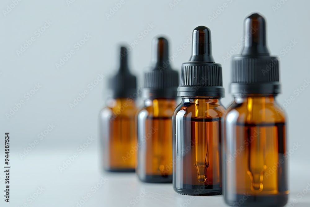 Four amber glass dropper bottles are neatly arranged on a minimalist table, ideal for storing essential oils or tinctures. Generative AI Four amber glass dropper bottles are neatly arranged on a minimalist table, ideal for storing essential oils or tinctures. Generative AI