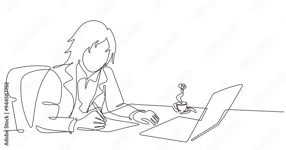 Businesswoman working in front of laptop and checking finances. Draw one continuous line Businesswoman working in front of laptop and checking finances. Draw one continuous line