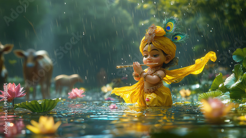 Little krishna playing flute in rain surrounded by cows and lotus flowers photo