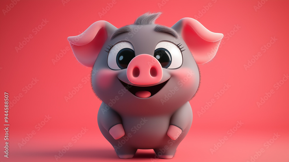 Cute cartoon piglet smiling on red background Cute cartoon piglet smiling on red background