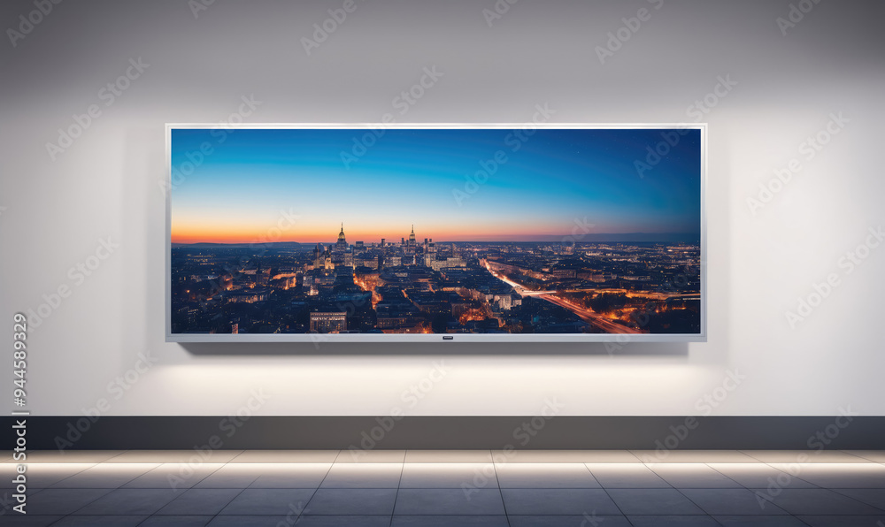 Fototapeta premium A large screen displays an aerial view of a city at sunset