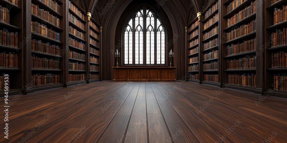 A captivating interior view of a historic library with towering bookshelves and elegant wooden flooring under a grand arched window. A captivating interior view of a historic library with towering bookshelves and elegant wooden flooring under a grand arched window.