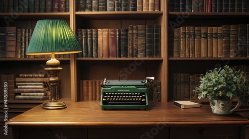 Wallpaper Mural A cozy study scene featuring a vintage typewriter, a classic green lamp, and bookshelves filled with old leather-bound books, creating a nostalgic and intellectual atmosphere Torontodigital.ca